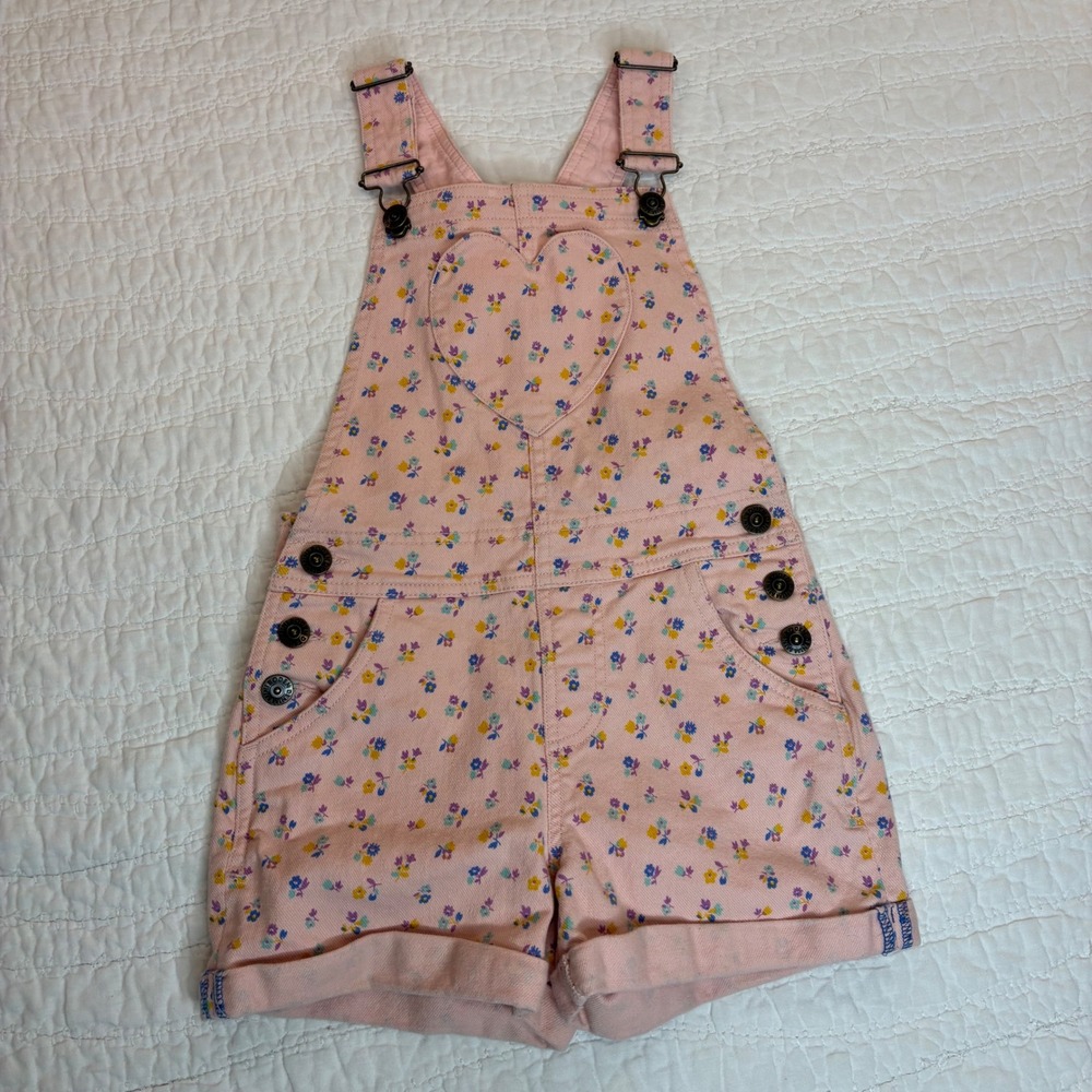 Mini Boden Girls Pink Floral Denim Shortalls Heart Pocket Overalls 6-7Y Cottage